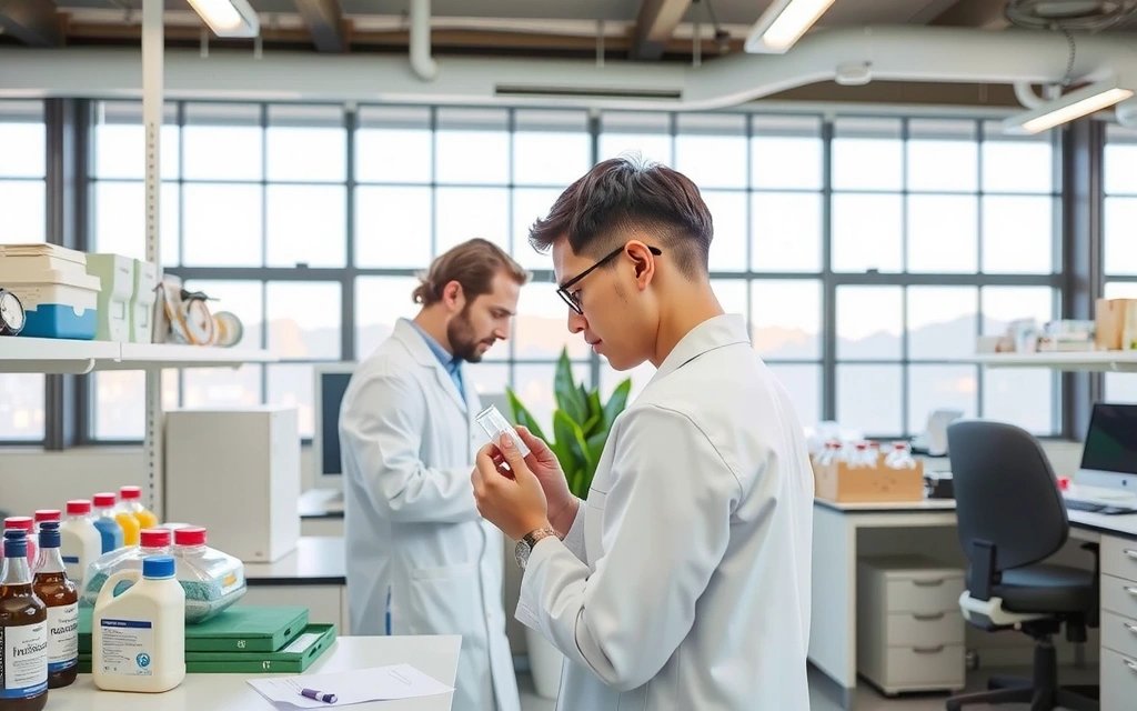 Modern laboratory setting with researchers focusing on quality control and sustainable practices