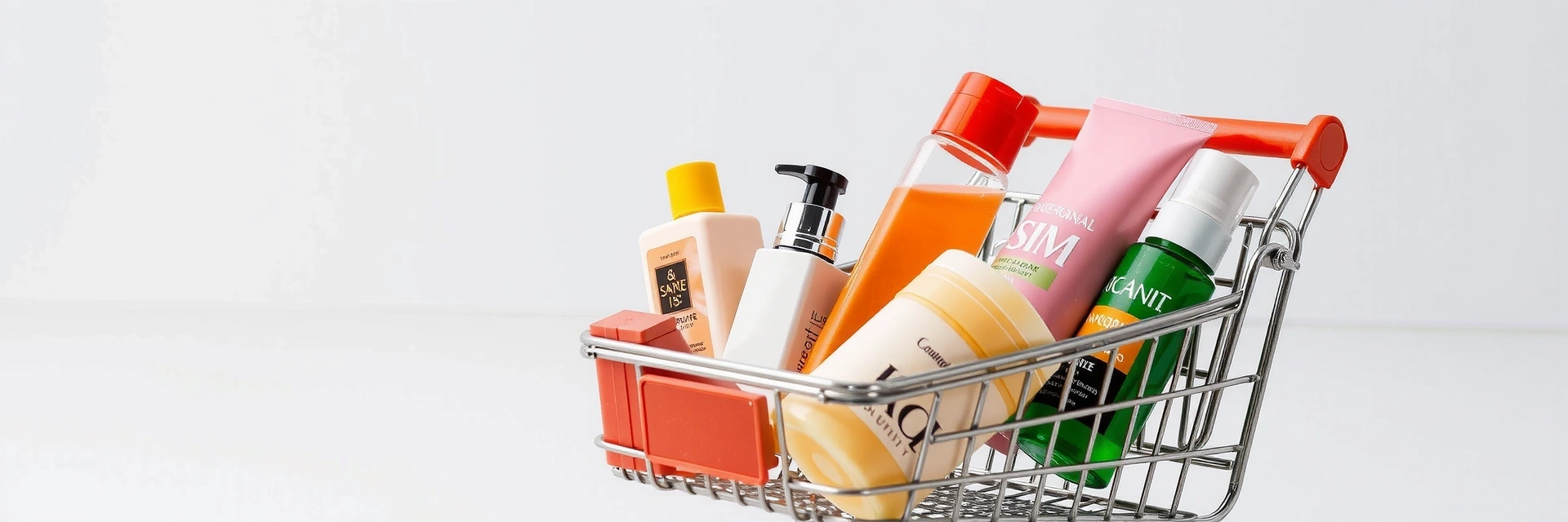 A close-up of a sleek, modern shopping cart filled with various health and beauty products, glowing softly against a clean, minimalist background, suggesting ease and convenience in online shopping.
