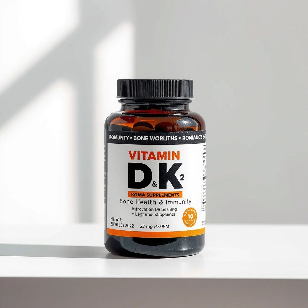 Bottle of Vitamin D3 K2 supplements, emphasizing bone health.