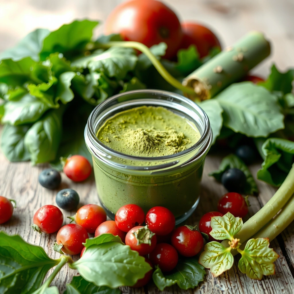 Green superfood powder in a jar, with fresh leafy greens around it, highlighting natural ingredients.